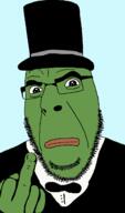 bowtie closed_mouth clothes frog frown glasses green_skin hand hat middle_finger pepe soyjak stubble top_hat tuxedo variant:cobson // 769x1312 // 65.8KB