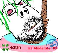 4chan bloodshot_eyes clothes distorted glasses green_hair hair hanging incel mustache rope soyjak stubble suicide text variant:gapejak yellow_teeth // 768x719 // 389.2KB