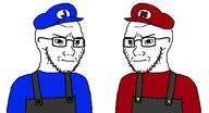 2soyjaks blue_shirt closed_mouth clothes frown glasses hat overalls red_shirt smg4 stubble variant:soyak // 666x362 // 26.2KB