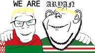 2soyjaks aryan belarus chechnya closed_mouth flag flag:belarus flag:chechnya font friendship glasses hand happy italy russia smile soyjak stubble text variant:feraljak variant:impish_soyak_ears wink // 1920x1080 // 89.2KB