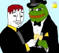 arm bowtie closed_mouth clothes frog glass green_skin hand hat holding_object pepe red_hair smile soyjak top_hat tuxedo variant:chudjak wine // 680x621 // 123.5KB