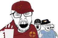 4soyjaks angry arm balding black_lives_matter cap closed_mouth clothes cup glasses hand hat holding_object male mustache open_mouth soyjak stubble subvariant:chudjak_front team_fortress_2 text variant:a24_slowburn_soyjak variant:chudjak variant:feraljak variant:unknown // 1369x896 // 450.1KB