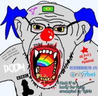 4chan animal bant_(4chan) bbc blue_hair brazil clown doom ear flag glasses makeup nsfw onlyfans penis rainbow sharp_teeth soyjak star stubble text tranny variant:monkeyjak yellow_teeth // 847x833 // 124.6KB
