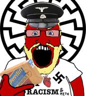 angry arm aryan beard blue_eyes clothes drugs fume glasses hair hand hat hat_ornament holding_object i_love methamphetamine military military_hat nazi_germany nazism no_symbol open_mouth peaked_cap pervitin racism red_skin reichsadler skull_hat_ornament sonnenrad soyjak subvariant:science_lover swastika totenkopf tshirt variant:markiplier_soyjak yellow_hair // 1053x1177 // 634.5KB