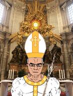 altar brown_eyes buff candle catholic catholicism christianity church closed_mouth clothes cross crucifix glasses grey_hair irl_background looking_at_you muscles papal_tiara pope scarf staff statue subvariant:chudjak_front tiara variant:chudjak vatican vein // 1851x2432 // 618.0KB