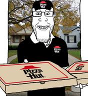 arm closed_mouth clothes glasses grin hand hat holding_object irl_background pizza pizza_hut soyjak stubble variant:markiplier_soyjak // 362x395 // 170.6KB