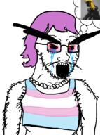 arm bloodshot_eyes body_hair clothes crying flag gigachad glasses hair hairy large_eyebrows mustache open_mouth purple_hair soyjak speech_bubble stubble thick_eyebrows tranny variant:soyak // 1057x1422 // 258.0KB