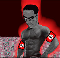 angry arm armband bloodshot_eyes buff clothes crying dead flag full_body glasses glowing grey_skin hair hand hanging leg monochrome mustache nazism open_mouth purple_hair rope shirtless soyjak stick stubble subvariant:chudjak_seething suicide swastika tongue tranny variant:bernd variant:chudjak yellow_teeth // 531x517 // 235.1KB