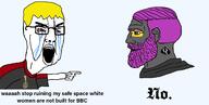 arm badge bbc beard bloodshot_eyes clothes crying glasses grey_skin hair hand lolkek nate nordic_chad open_mouth pointing purple_hair queen_of_spades soot_colors soyjak soyjak_party tattoo text tranny tshirt variant:chudjak yellow_hair // 1399x709 // 188.9KB