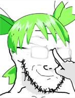 4chan anime closed_mouth glasses glowing_glasses green_hair hair hand smug soyjak stubble variant:classic_soyjak yotsoyba // 617x804 // 212.1KB