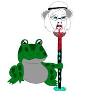 bant_(4chan) blood clothes female frog glasses gore hair hat holding_spear impaled nosebleed open_mouth redraw round_glasses severed_head soyjak spear subvariant:female_cobson variant:cobson // 800x800 // 114.6KB