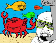 5soyjaks animal crab crying drawn_background ear fish full_body glasses goggles mustache open_mouth redraw sand sea smile snorkel soy soyjak soylent stubble underwater variant:feraljak variant:impish_soyak_ears variant:soyak water // 396x303 // 56.3KB