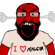angry balding beard clothes flag fume glasses heart i_heart_nigger i_love nigger open_mouth red red_skin soyjak subvariant:science_lover text tranny trans_flag tshirt variant:markiplier_soyjak // 800x800 // 16.3KB