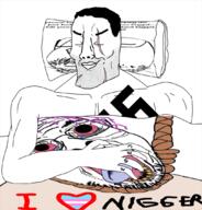 3soyjaks bed_sheet big_chin blanket bloodshot_eyes chad closed_mouth clothes crying deformed flag glasses hair i_heart_nigger i_love mustache nigger open_mouth purple_hair rope smile smug soyjak stubble suicide swastika text tongue tranny variant:bernd variant:chudjak yellow_teeth // 1031x1074 // 600.4KB