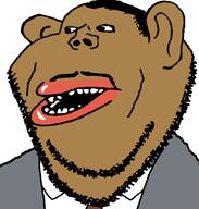 amerimutt black_skin bowtie clothes ear hair lips looking_to_the_left mustache mutt open_mouth soyjak stubble subvariant:impish_amerimutt suit variant:impish_soyak_ears white_shirt // 598x628 // 49.5KB