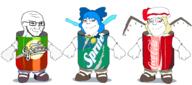 3soyjaks anime arm blue_hair can cirno closed_mouth clothes coke fall_guys female flandre_scarlet glasses hair hair_ribbon hand hat leg red_eyes smile smug soyjak sprite sproke stubble subvariant:soylita touhou variant:gapejak variant:soyak video_game wing yellow_hair // 1815x800 // 177.7KB