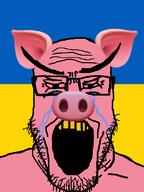 animal beard bloodshot_eyes country crying ear emoticon flag glasses large_eyebrows large_nose open_mouth pig snout soyjak stubble ukraine variant:markiplier_soyjak yellow_teeth // 600x800 // 138.9KB