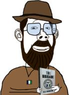 beard book brown_hair clothes facial_hair flag glasses gun harold_covington hat holding_book holding_object looking_at_you northwest_front smile subvariant:protestantjak subvariant:wholesome_soyjak the_brigade tinted_glasses uniform variant:gapejak // 1452x2000 // 694.9KB
