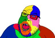 angry colorful glasses open_mouth soyjak stubble variant:hilbert_soyjak // 812x567 // 28.6KB