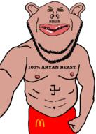 amerimutt angry arm brown_eyes brown_skin clothes ear fist front_facing hand lips looking_at_you mcdonalds mustache mutt nipple open_mouth red_pants selfie shirtless soyjak stubble subvariant:impish_amerimutt subvariant:impish_front swastika tattoo text variant:impish_soyak_ears // 526x736 // 63.9KB