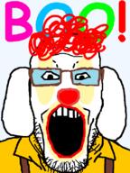 boo clothes clown dog glasses hair janny open_mouth red_hair soyjak stubble suspenders text variant:markiplier_soyjak // 600x800 // 62.2KB