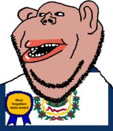 amerimutt award black_sclera brown_skin clothes ear flag flag:west_virginia latin_text lips mutt open_mouth soyjak state stubble subvariant:impish_amerimutt text united_states variant:impish_soyak_ears west_virginia wreath // 685x793 // 102.7KB