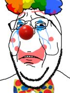 bowtie closed_mouth clown crying frowning glasses makeup rainbow sad soyjak stubble subvariant:wholesome_soyjak variant:gapejak // 600x800 // 147.5KB
