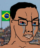 bloodshot_eyes brazil brown_skin closed_mouth crying favela flag glasses hair irl_background soyjak variant:chudjak // 645x770 // 401.5KB