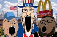 3soyjaks beard black_skin brown_skin cap clothes glasses hair hat irl_background mcdonalds open_mouth soyjak soyjak_trio star stretched_mouth stubble top_hat uncle_sam united_states variant:gapejak variant:markiplier_soyjak variant:tony_soprano_soyjak white_hair white_skin // 1629x1080 // 1.7MB
