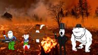 animal arm beach_ball black_eye blood bowler buff clothes clown ear fire flamethrower forest full_body glasses grin hand hat irl_background leg open_mouth pipe rope smile soyjak squirrel stubble tail top_hat tuxedo variant:gapejak variant:impish_soyak_ears // 1600x900 // 2.6MB