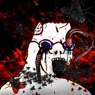 blood blue_eyes bug distorted eating fly glasses hair horror open_mouth red soyjak variant:zoomer worm // 1080x1080 // 1.5MB