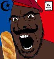 angry baguette beret black_skin bread chemistry clothes country element flag france francium glasses hat islam mustache open_mouth soyjak stubble text variant:cobson // 721x789 // 193.5KB