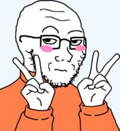 arm blush closed_mouth clothes glasses hand hands_up looking_up orange soyjak stubble transparent v_sign variant:classic_soyjak // 887x968 // 110.1KB