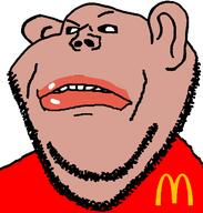 amerimutt angry black_sclera brown_skin clothes ear lips looking_at_you mcdonalds mutt raised_eyebrow red_shirt soyjak stubble subvariant:impish_amerimutt suspicious variant:impish_soyak_ears // 598x628 // 28.2KB