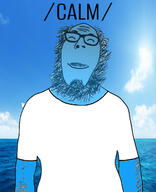 arm beard blue_skin calm closed_eyes closed_mouth clothes glasses irl_background looking_down mustache nipple sky smile soyjak text tshirt variant:ignatius water // 526x649 // 223.6KB
