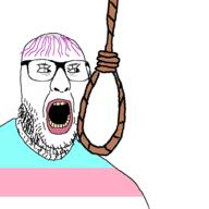 eyelashes fat flag glasses noose open_mouth purple_hair rope soyjak stubble tranny variant:unknown yellow_teeth // 1000x1000 // 123.0KB