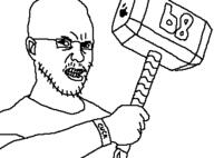 angry apple_(company) bait banhammer clothes cuck glasses hammer holding_hammer holding_object janny jay_louis_irwin mjolnir mod open_mouth soyjak stubble swaglord variant:unknown // 345x255 // 6.4KB