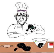 2soyjaks arm balding black_skin bowl chef closed_mouth clothes cooking dough drawn_background ear flour glasses hand hat inverted mustache open_mouth smile soyjak stubble sweden thougher variant:a24_slowburn_soyjak variant:classic_soyjak // 1626x1598 // 555.6KB