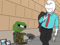 apu briefcase closed_mouth clothes crying drawn_background frame frog full_body hat holding_object homeless necktie smile soyjak stubble subvariant:wholesome_soyjak variant:gapejak variant:wojak walking // 950x720 // 266.2KB