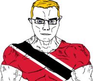 arm blond blue_eyes buff closed_mouth clothes country countrywar flag flag:trinidad_and_tobago glasses hair soyjak subvariant:chudjak_front subvariant:muscular_chud trinidad_and_tobago tshirt variant:chudjak vein // 1059x929 // 77.2KB