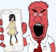 angry anime arm clothes dilbert glasses hair hand holding_object necktie no_eyes open_mouth phone red_skin soyjak soyjak_holding_phone stubble subvariant:science_lover tomoko tshirt variant:markiplier_soyjak // 1686x1573 // 1.1MB
