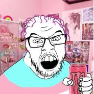 angry anime can flag glasses hair hand holding_object irl_background monster_energy mustache open_mouth purple_hair soyjak stubble tranny variant:feraljak // 1500x1500 // 1.4MB