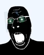 black_skin glasses glowing glowing_eyes inverted open_mouth soyjak stubble subvariant:nucob thougher variant:cobson // 541x671 // 46.2KB