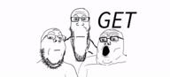 3soyjaks animated closed_mouth get_out_of_qa glasses open_mouth qa_(4chan) soyjak_trio stretched_mouth stubble variant:gapejak variant:markiplier_soyjak variant:tony_soprano_soyjak // 600x271 // 69.7KB