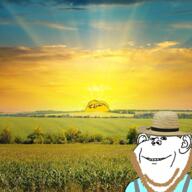 2soyjaks amish beard clothes ear field hat irl_background pennsylvania smile soyjak straw_hat subvariant:wholesome_soyjak sun sunrise suspenders variant:gapejak variant:impish_soyak_ears // 612x612 // 609.5KB