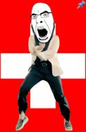 animated country dance flag flag:switzerland full_body gangnam_style glasses irl open_mouth push_pin soyjak sticky stubble switzerland variant:cobson // 300x460 // 273.4KB