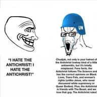 antichrist bloodshot_eyes crying glasses helmet i_hate_the_antichrist meme open_mouth schizoposting side_profile soyjak stretched_mouth stubble text trollface united_nations variant:soyak // 640x640 // 38.6KB