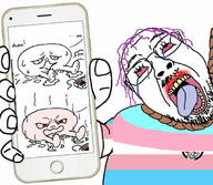 arm bloodshot_eyes crying glasses hair hand hanging holding_object mustache open_mouth phone purple_hair rope soyjak stubble tongue tranny v_(4chan) variant:bernd // 680x593 // 66.5KB
