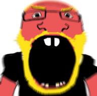 angry arm beard blur buck_teeth clothes distorted glasses open_mouth red_skin soyjak tshirt variant:science_lover yellow_hair // 1057x1042 // 916.4KB