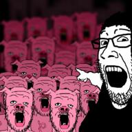 animal arm clothes ear glasses hair hand multiple_soyjaks mustache open_mouth pig pink pointing soyjak stubble tshirt variant:a24_slowburn_soyjak variant:markiplier_pointing_soyjak // 600x600 // 376.2KB
